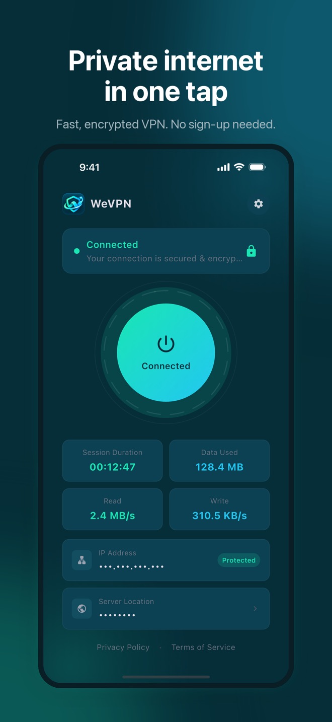 WeVPN home screen showing the Connected state, session duration, data used, and live read and write speeds.