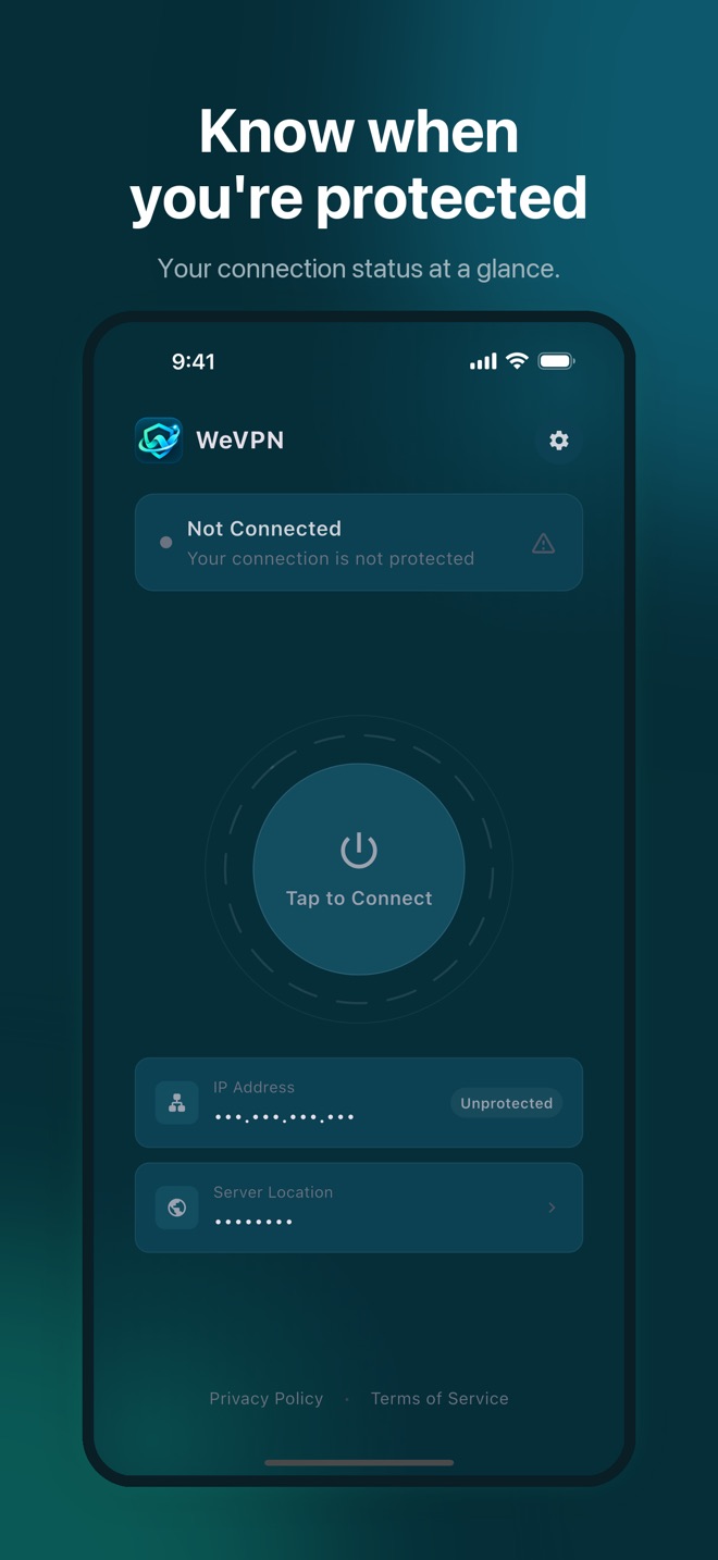 Know when you're protected: the home screen before connecting, with a large Tap to Connect button.