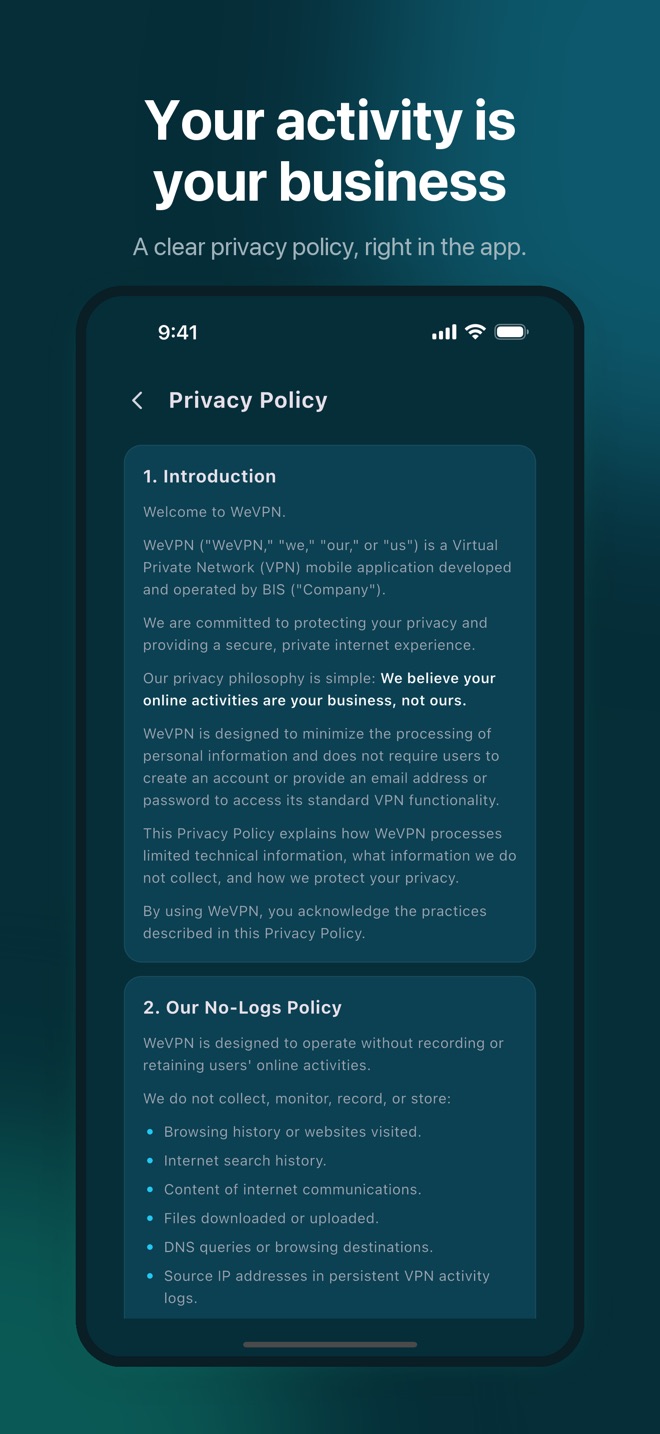 Your activity is your business: the in-app Privacy Policy, readable any time from the home screen.
